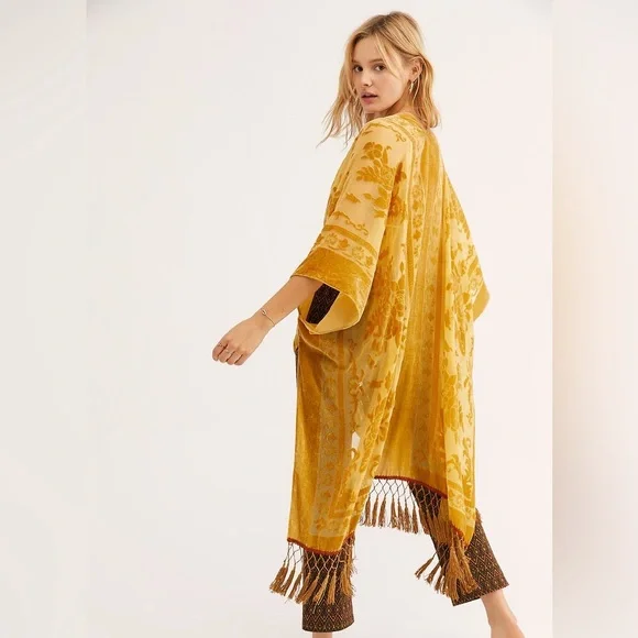 Free People Yellow Floral Kimono nightbird burnout gold velvet tassel - Picture 2 of 12